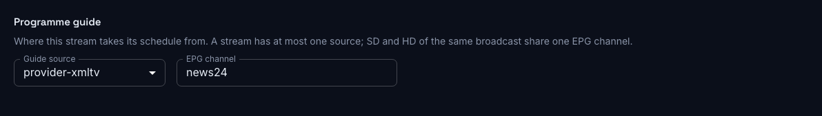 Binding a stream to a channel of the programme guide