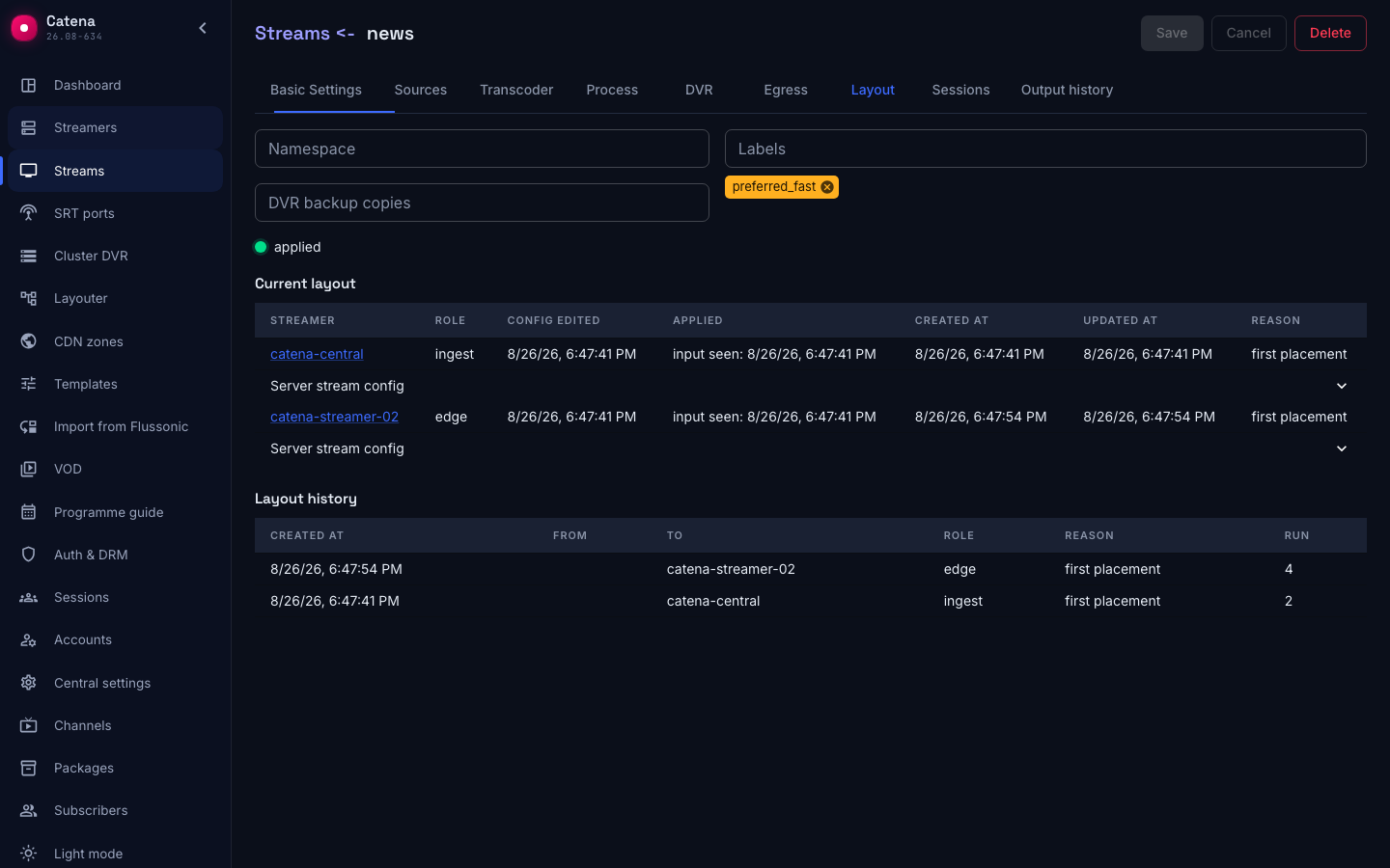 The stream's Layout tab: ingest and edge assignments, history below