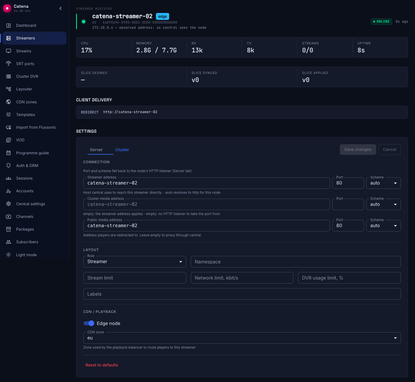 The streamer's Cluster tab: role, namespace, limits and labels