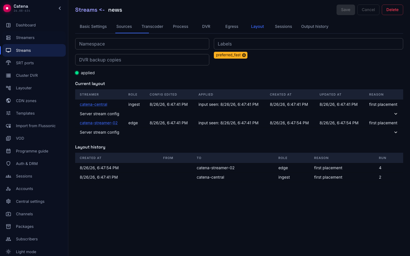 The stream's Layout tab: namespace, labels and the number of archive backup copies