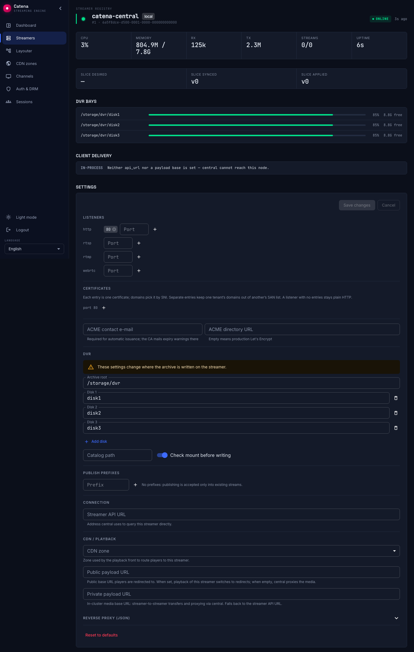 The local streamer's settings: the HTTP port and DVR storage are edited in the console