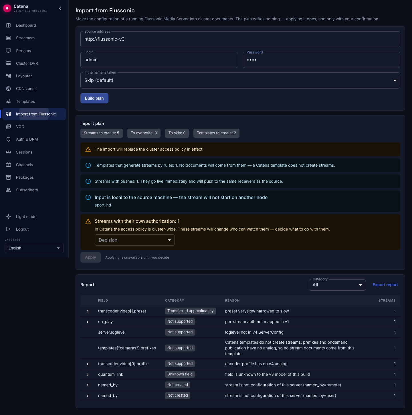 The import plan with its warnings