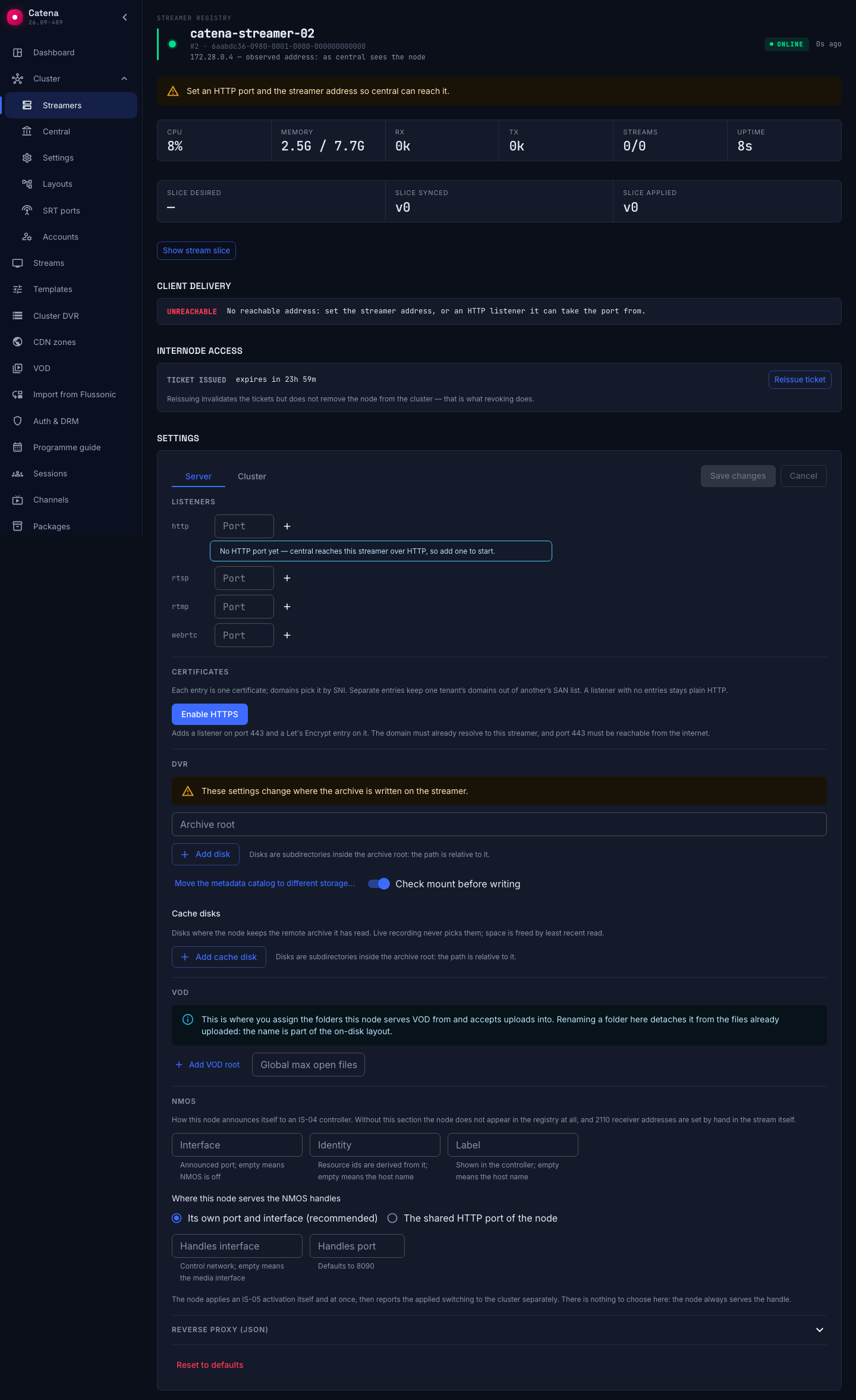 The streamer settings form with the delivery trace