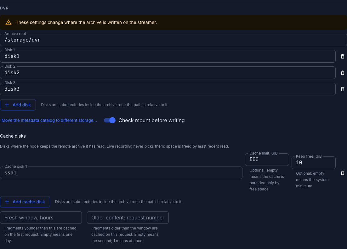 The DVR block: archive disks, cache disks and cache admission