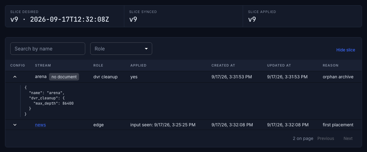 The stream slice on the streamer's page: roles, delivery and an opened config
