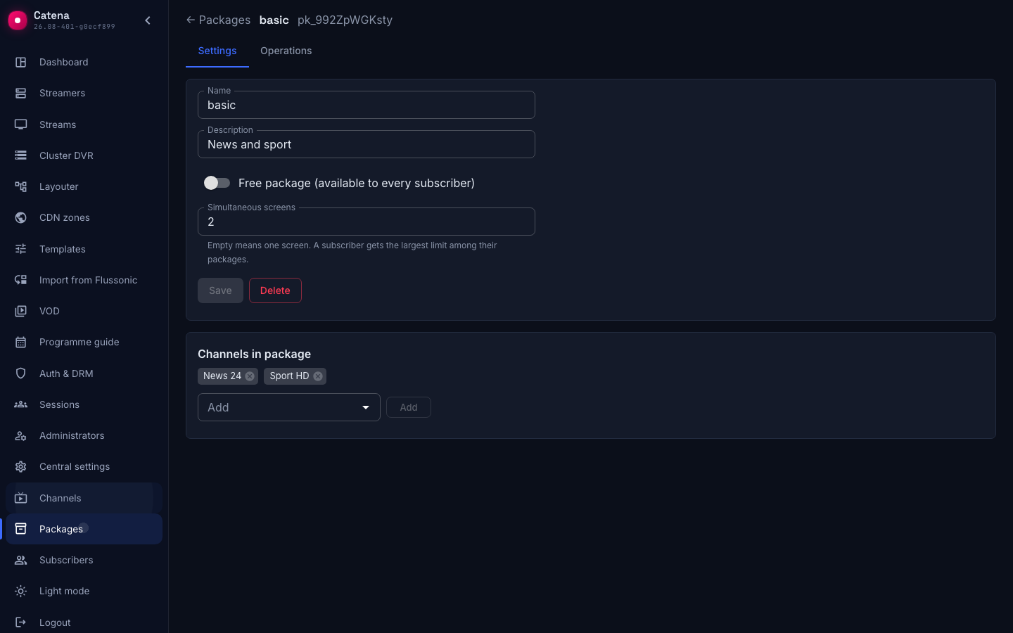 Package settings: the Free flag and the screen limit