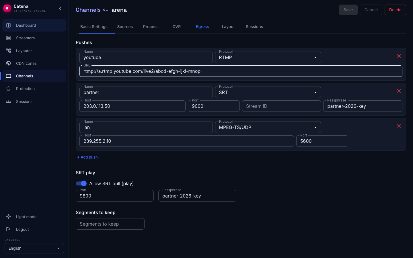 The Egress tab: three pushes and SRT play