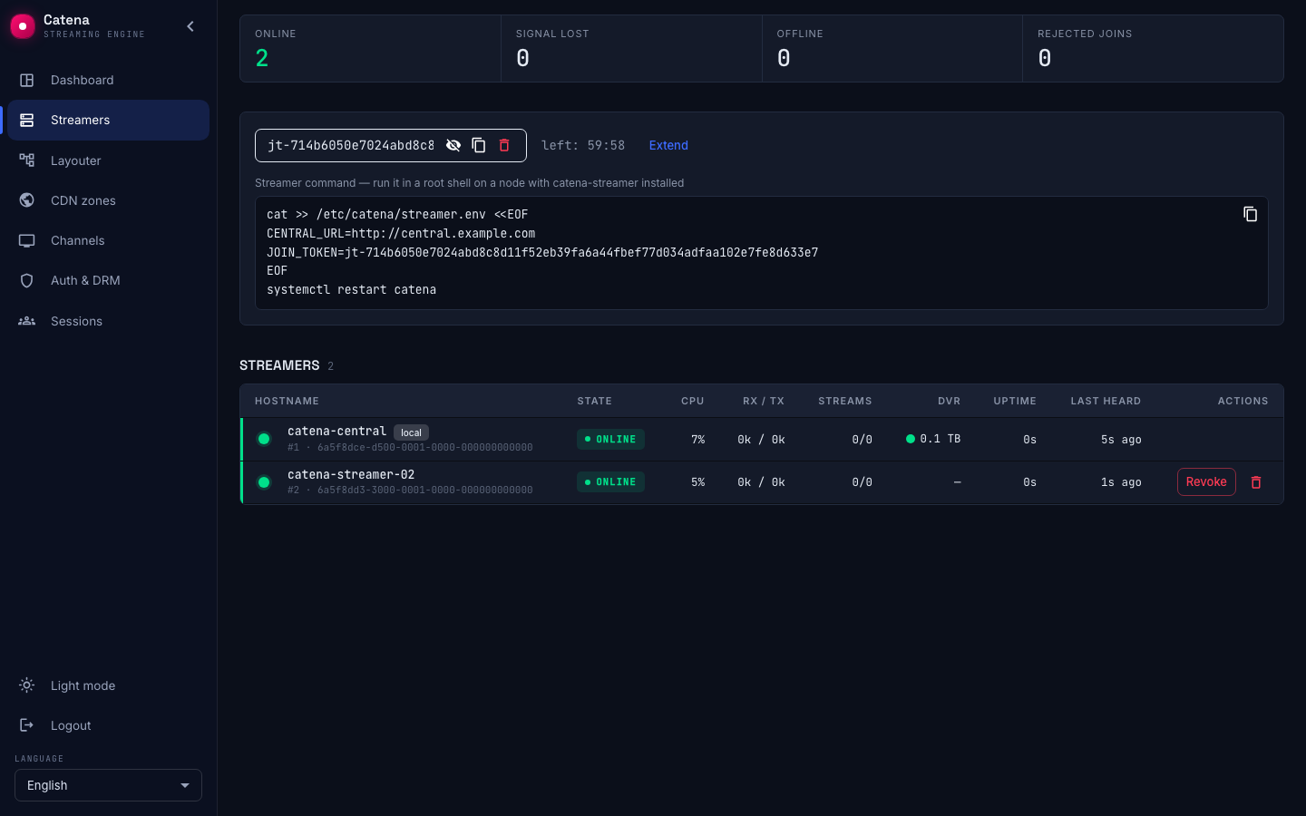 The streamer registry with a second machine joined