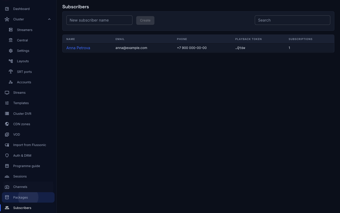 The subscriber list with its search