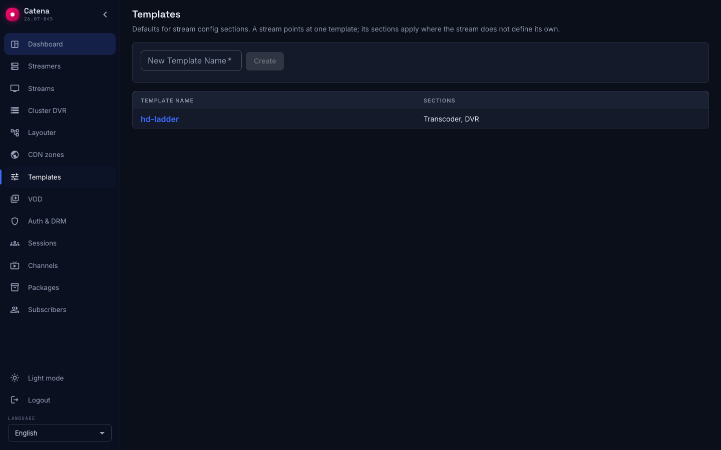 The template list: the Sections column shows what a template defines