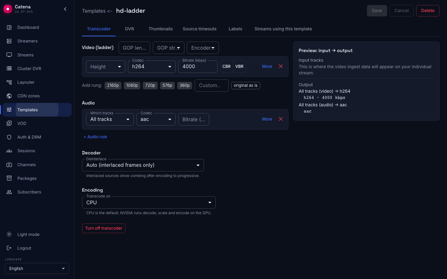 The template page: the tabs mirror the config sections