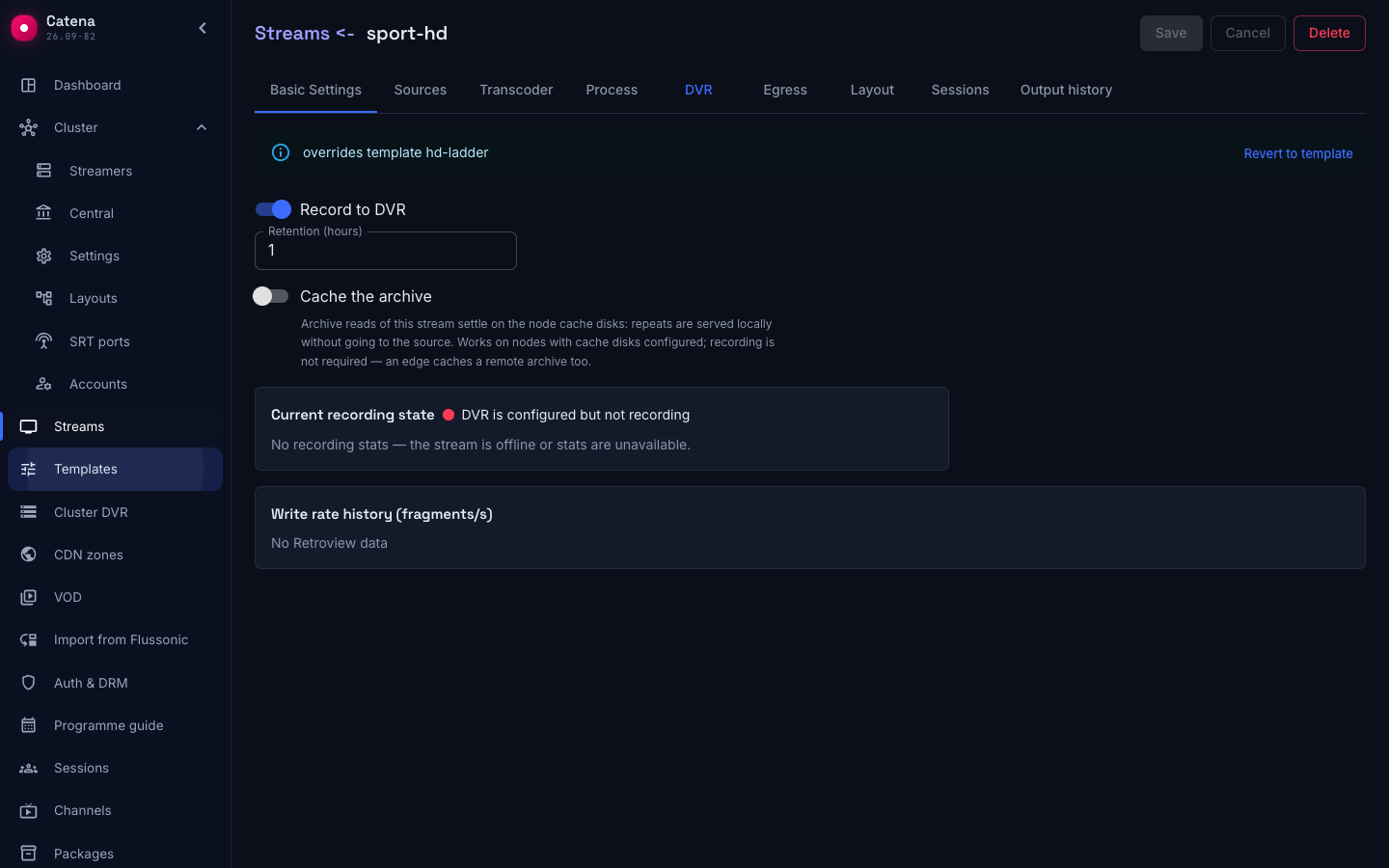 A stream section overriding the template, with the button that returns it