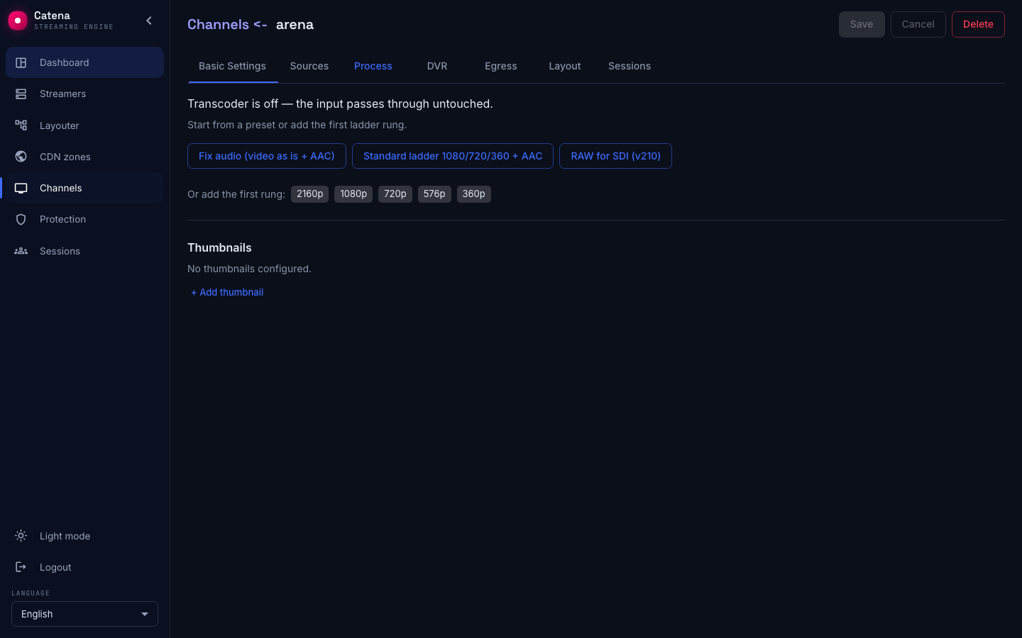 The empty Process tab with the presets