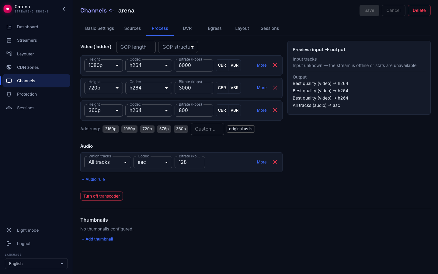 The 1080/720/360 ladder, the audio rule and the preview