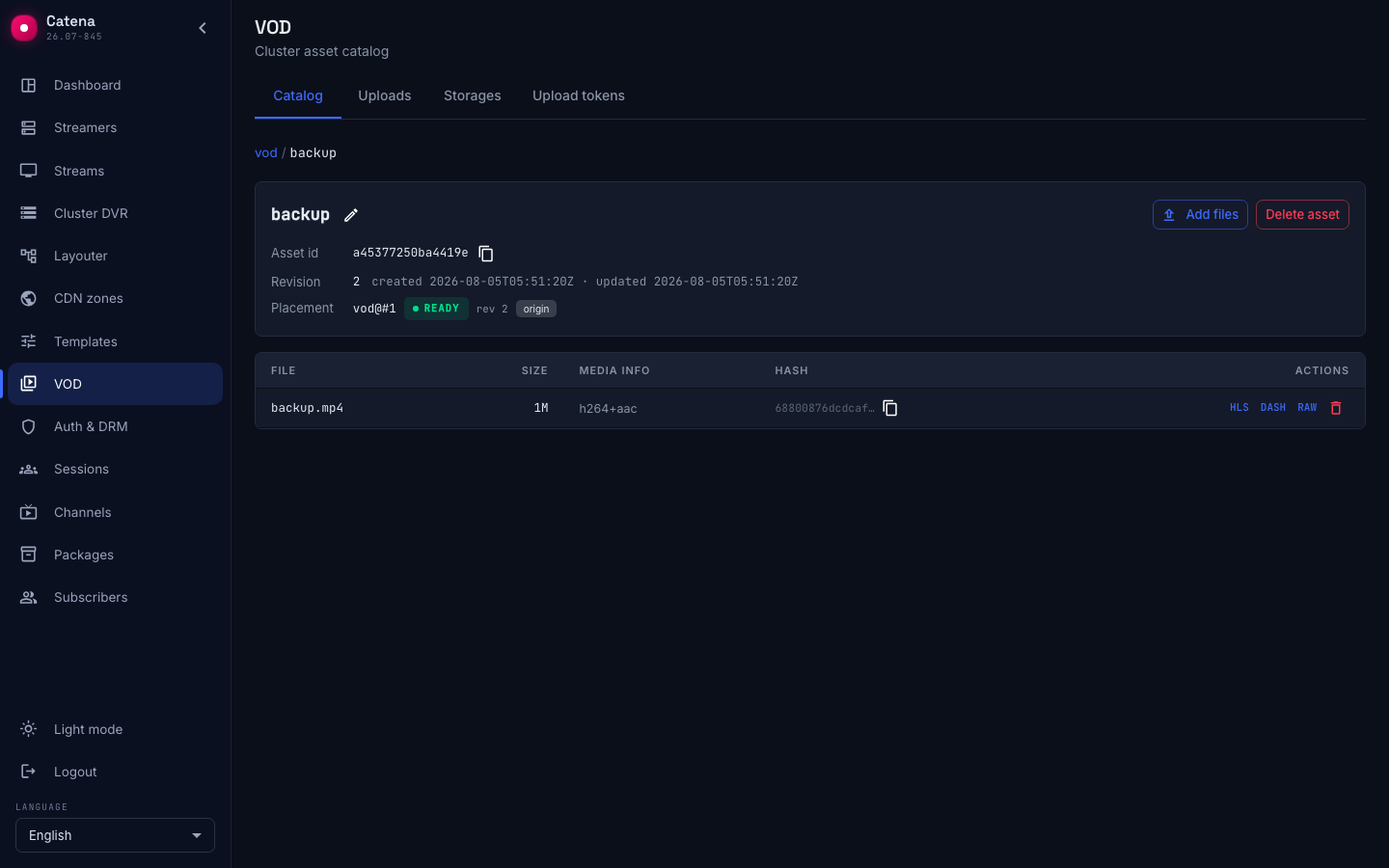 The asset card: placement, revision and files with their playback links