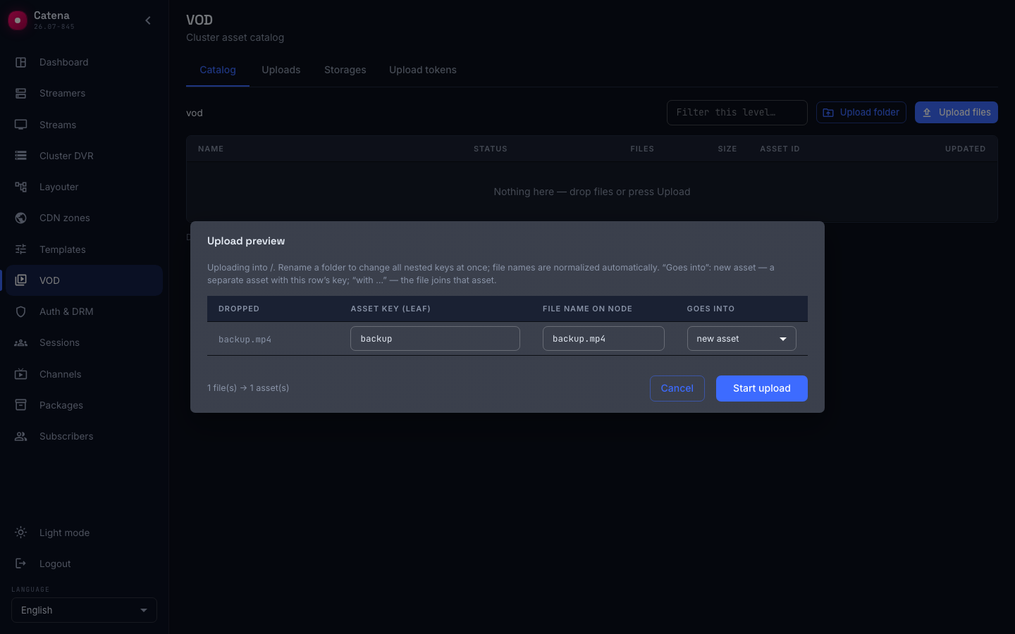 The upload preview: what goes into the catalog and under which key