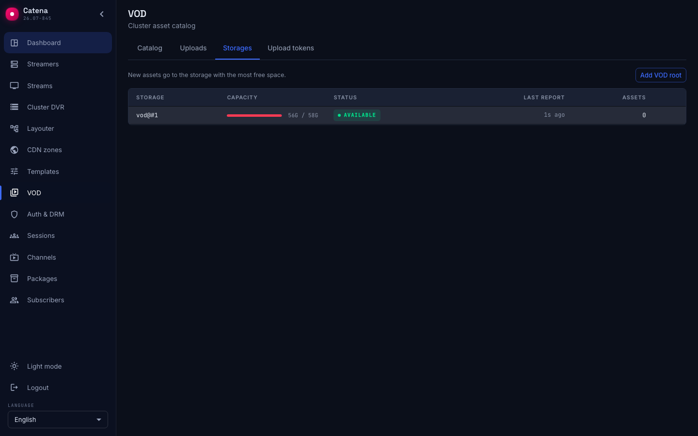 The Storages tab: capacity, state and the asset count