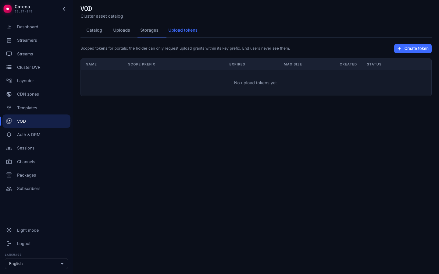 The Upload tokens tab