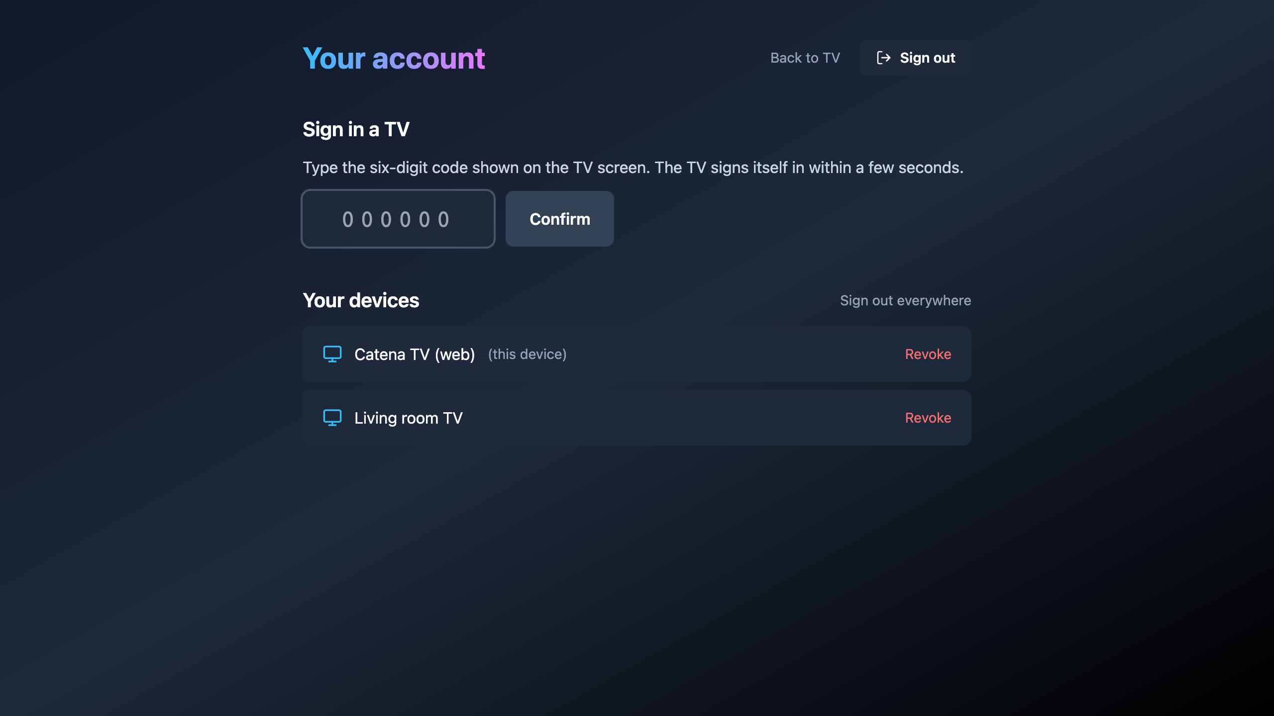The subscriber's account page: code confirmation and the device list