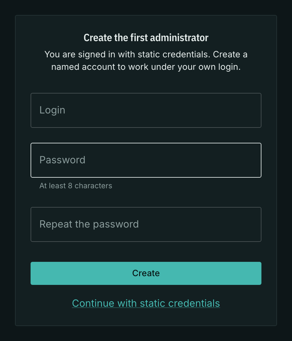 The panel offers to create the first administrator