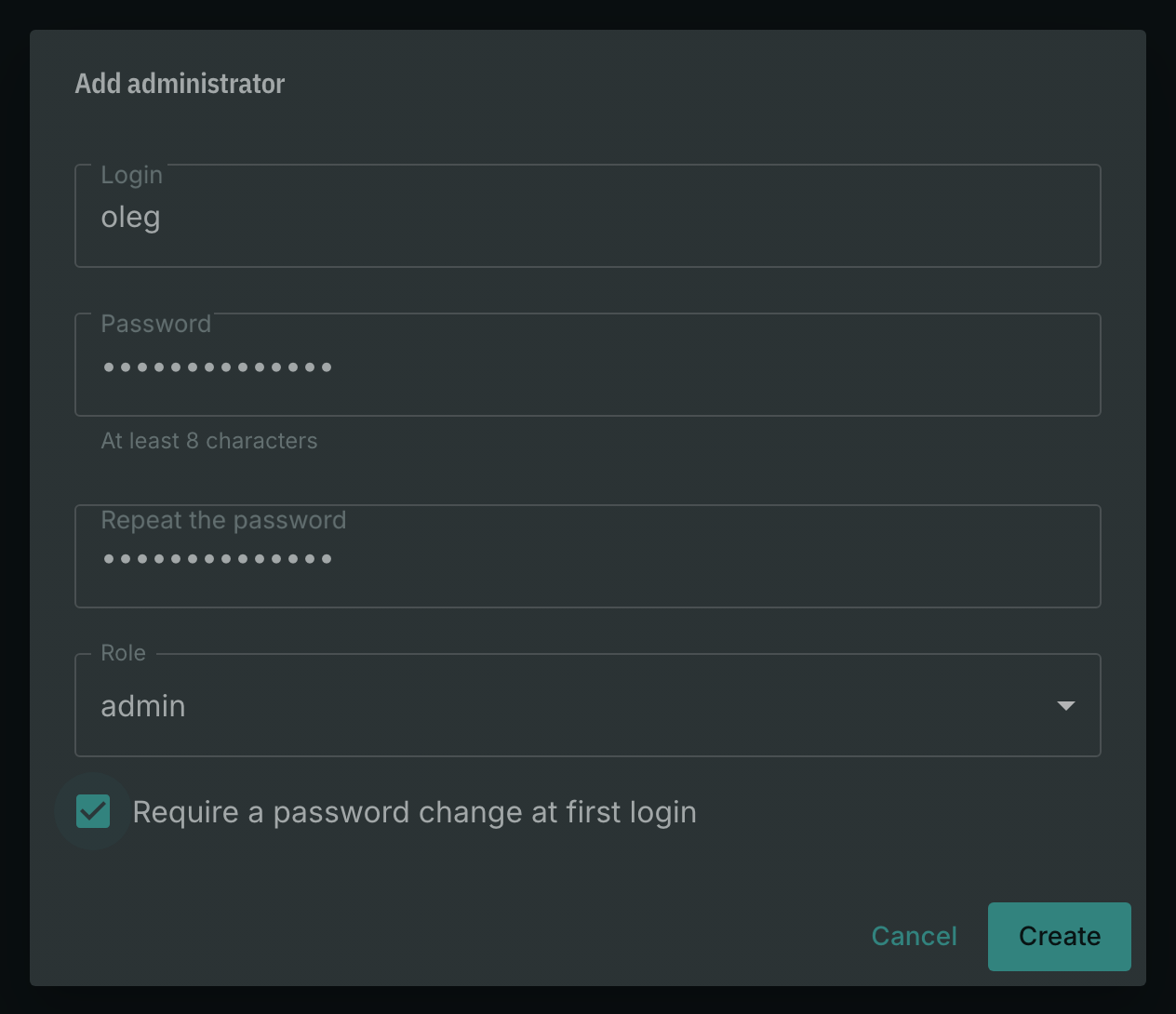 The administrator creation form
