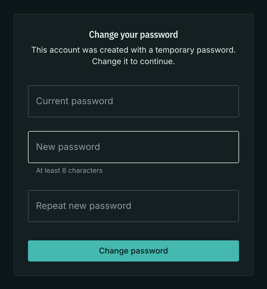 The temporary password change form