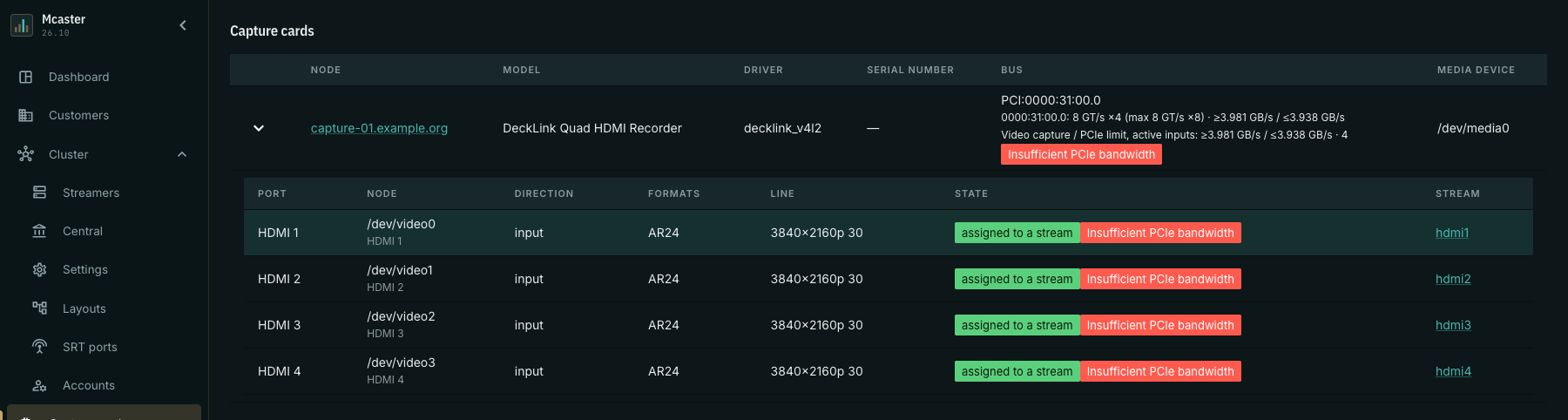 Insufficient PCIe bandwidth with four 4K30 captures