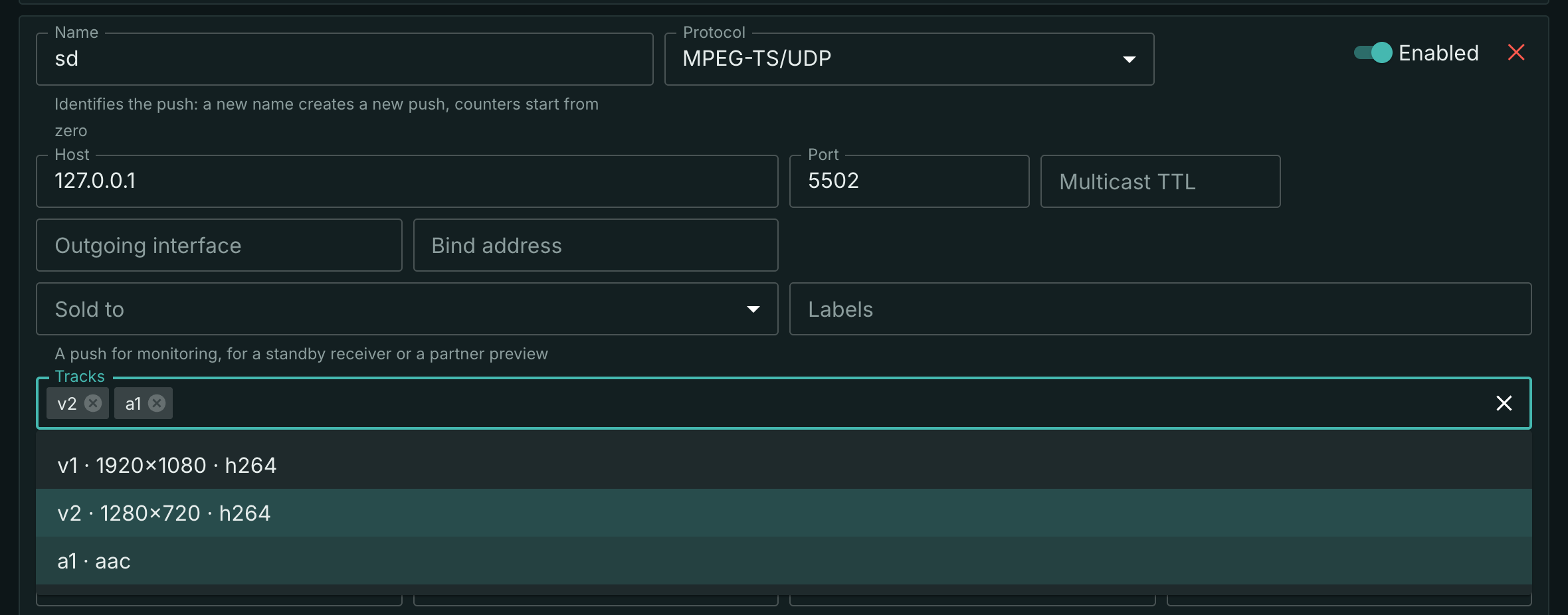 The Tracks field: the options are labelled with the rendition resolution