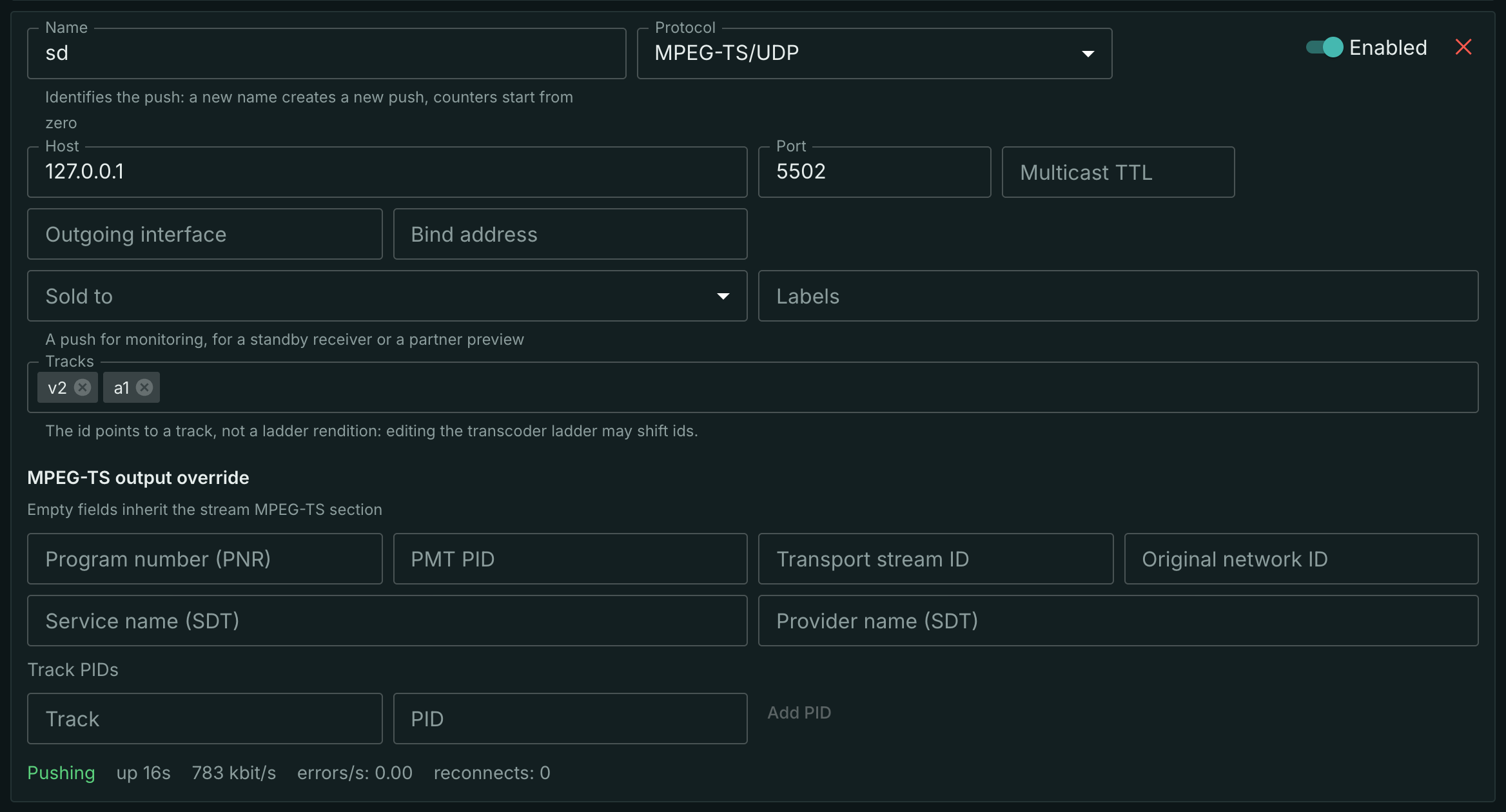 The sd push sends the 720p rendition: tracks v2 and a1, a lower rate than hd