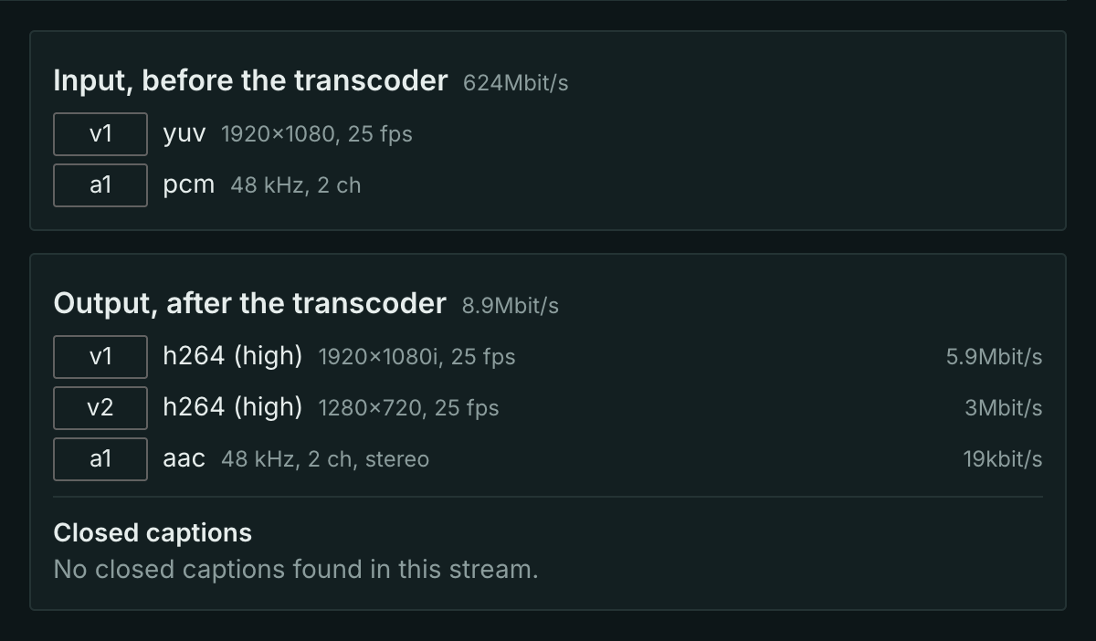 Track summary: input before the transcoder and output after it