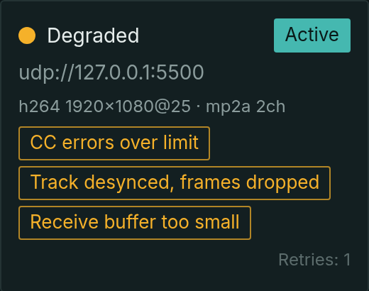 Datagram loss named in the card: the cause is the receive buffer; CC errors and desync are its consequences