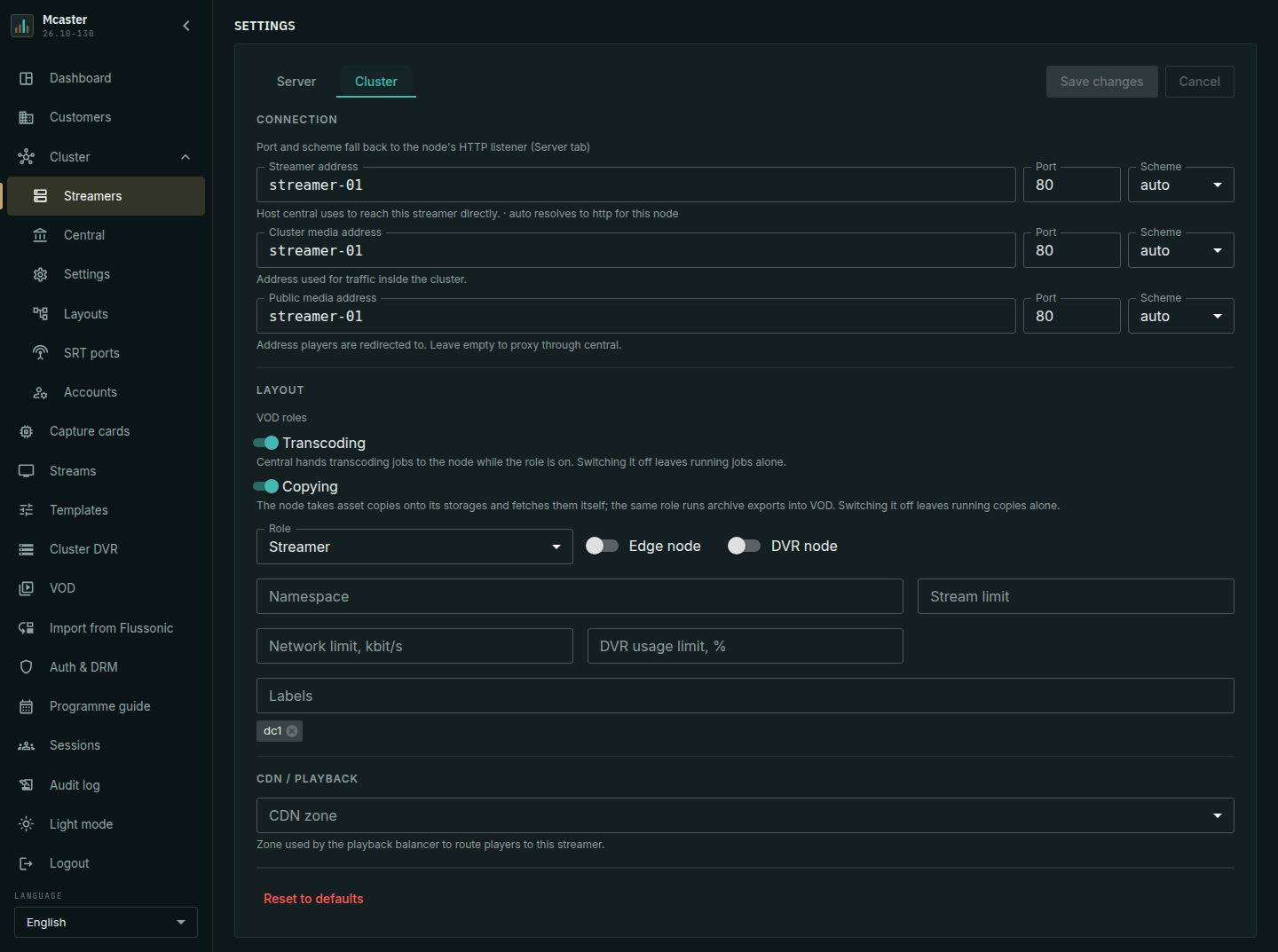 The streamer's Cluster tab: role, namespace, limits and labels