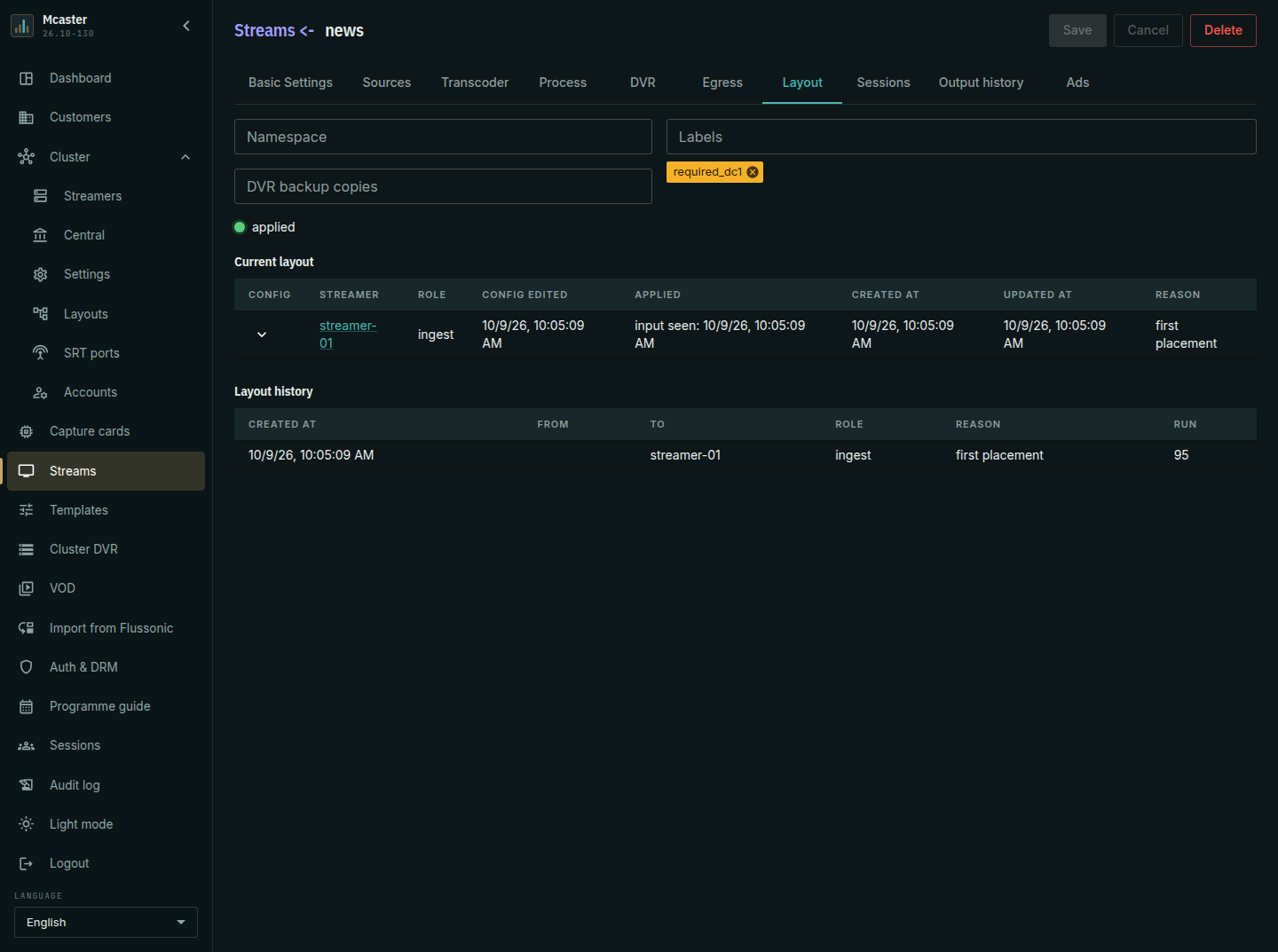 The stream's Layout tab: namespace, labels and the number of archive backup copies