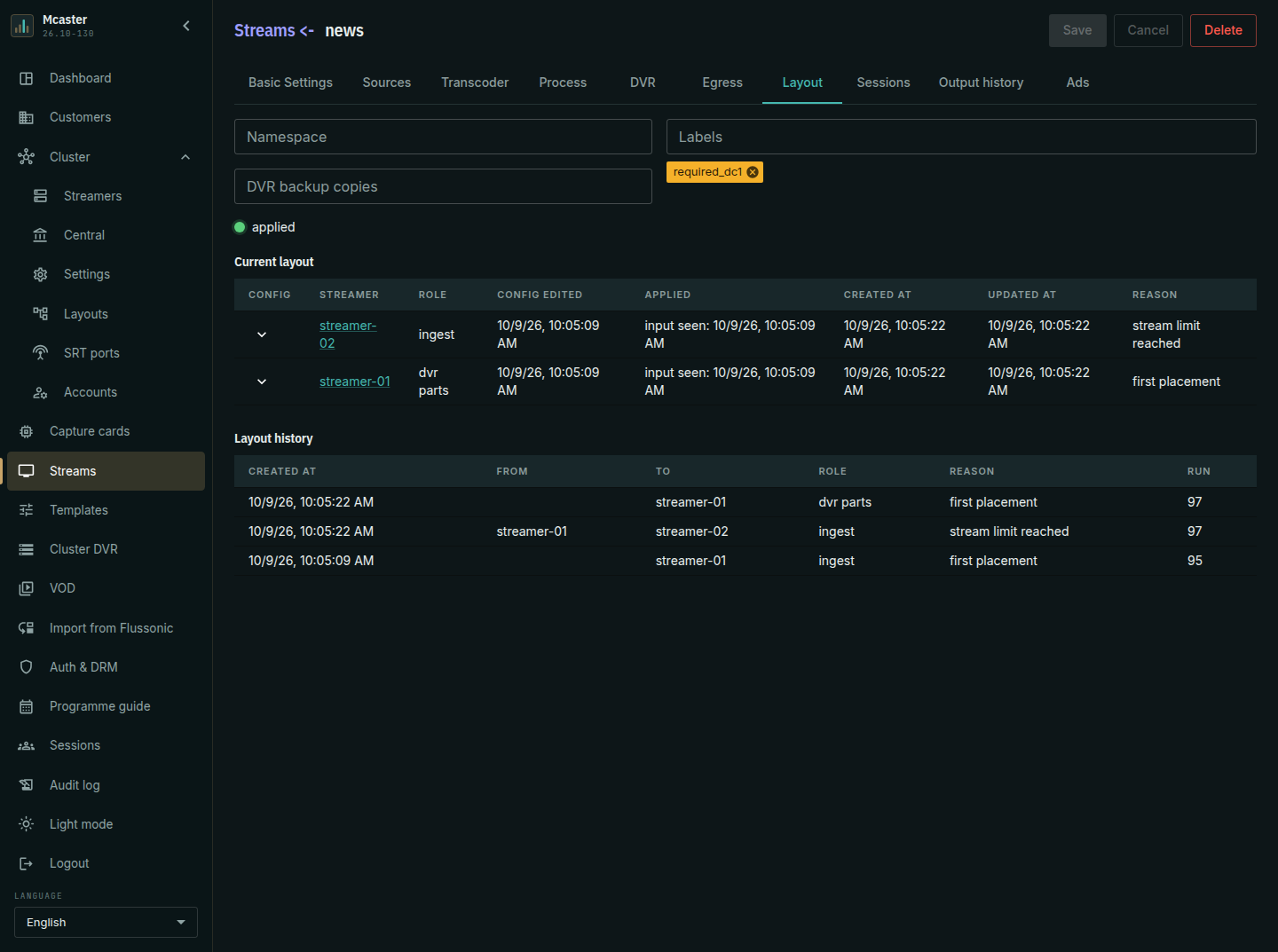 The stream's Layout tab after a move: ingest on the new streamer, dvr parts on the former one