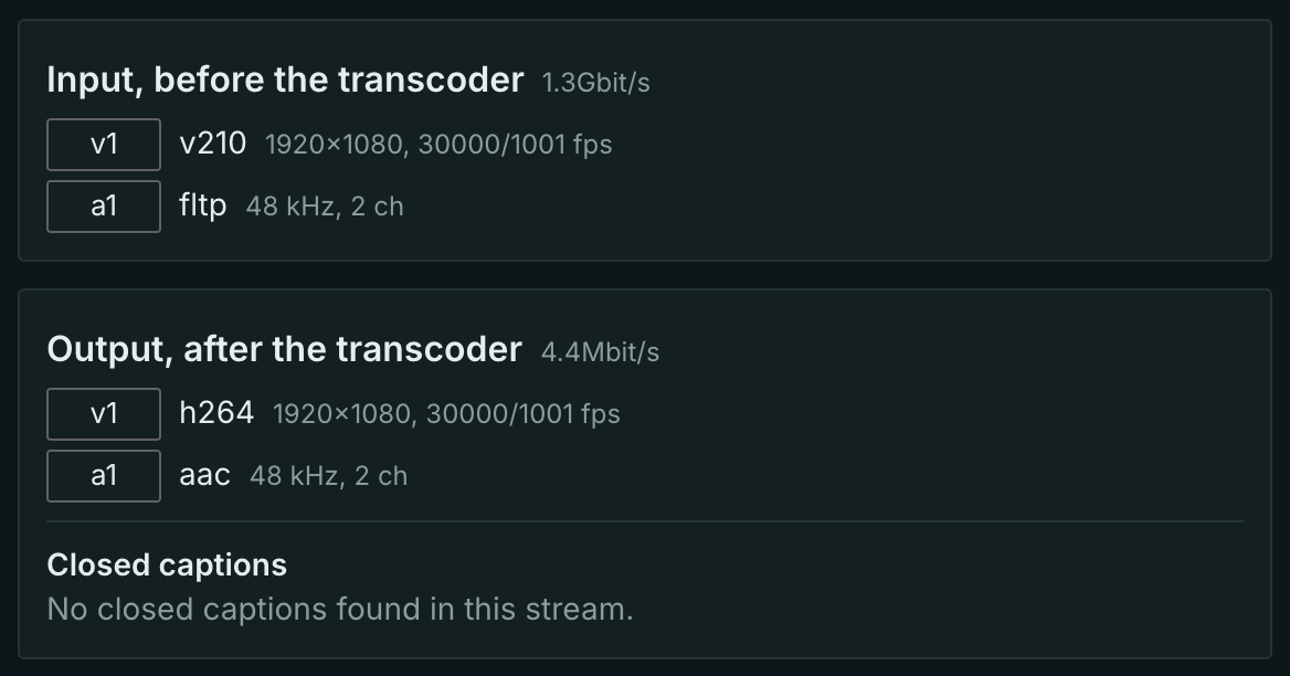 Stream card: incoming v210 and fltp, outgoing H.264 and AAC