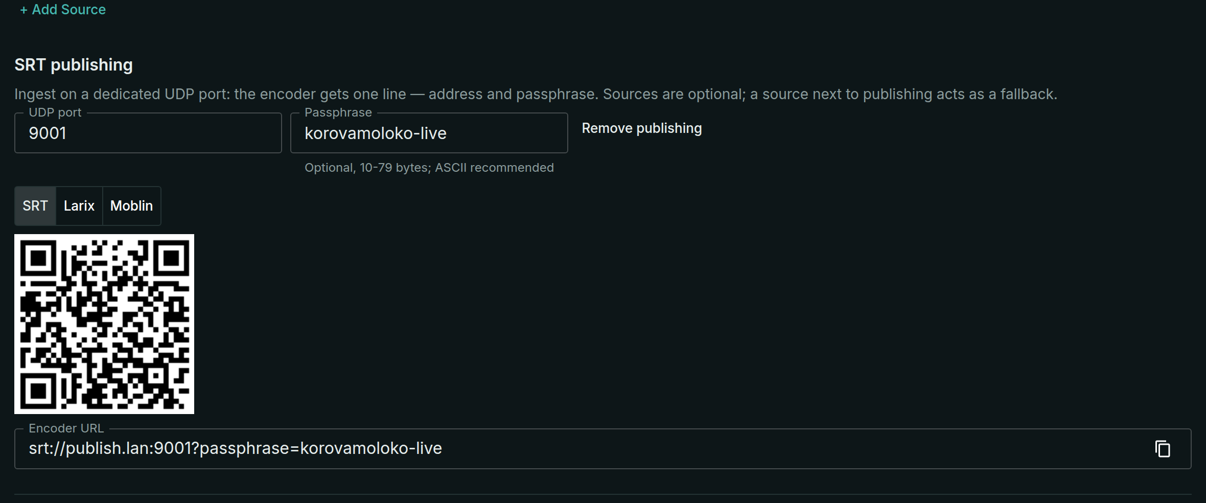The SRT publishing section on the stream card