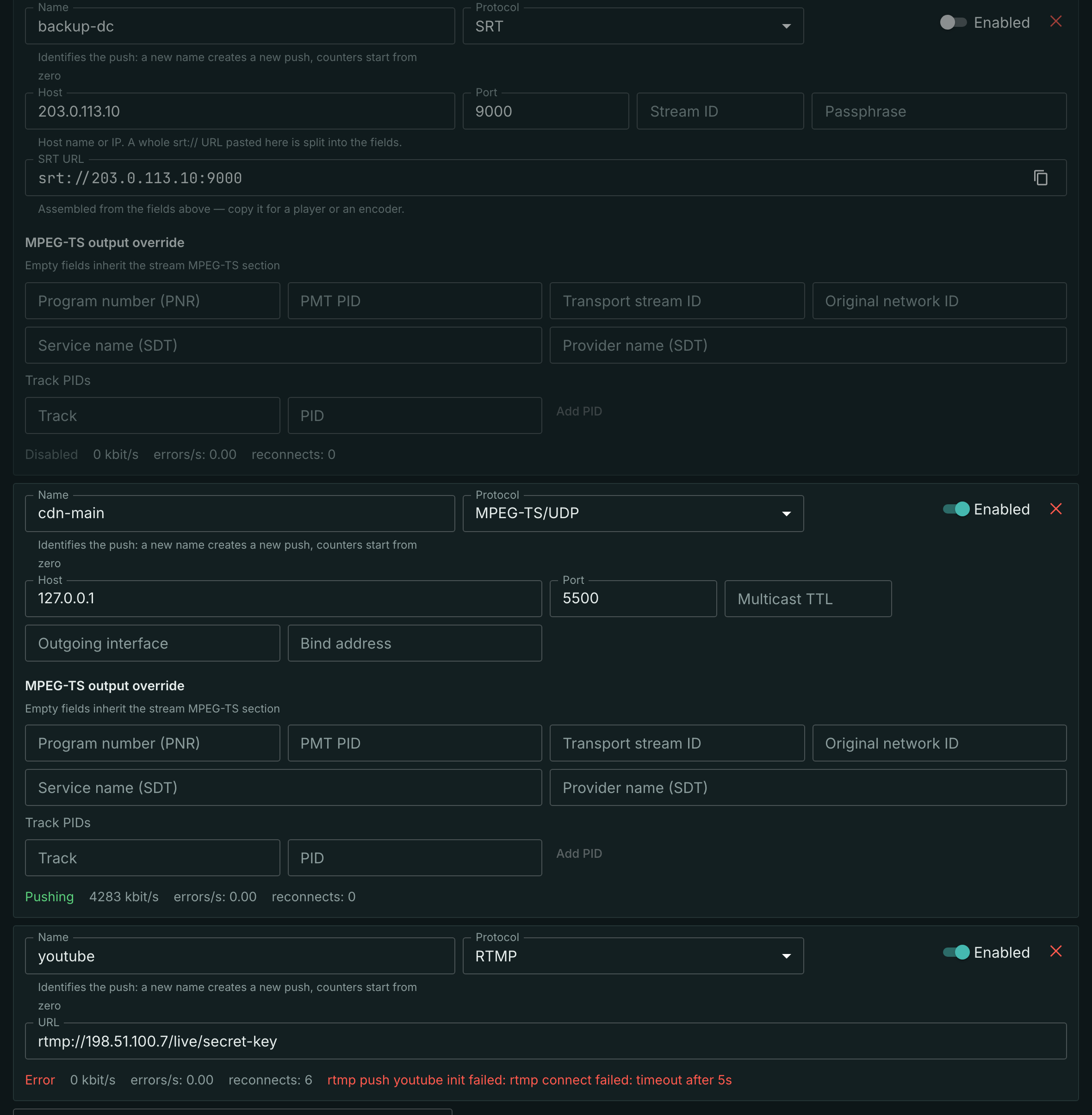 Live destination statistics on the egress tab