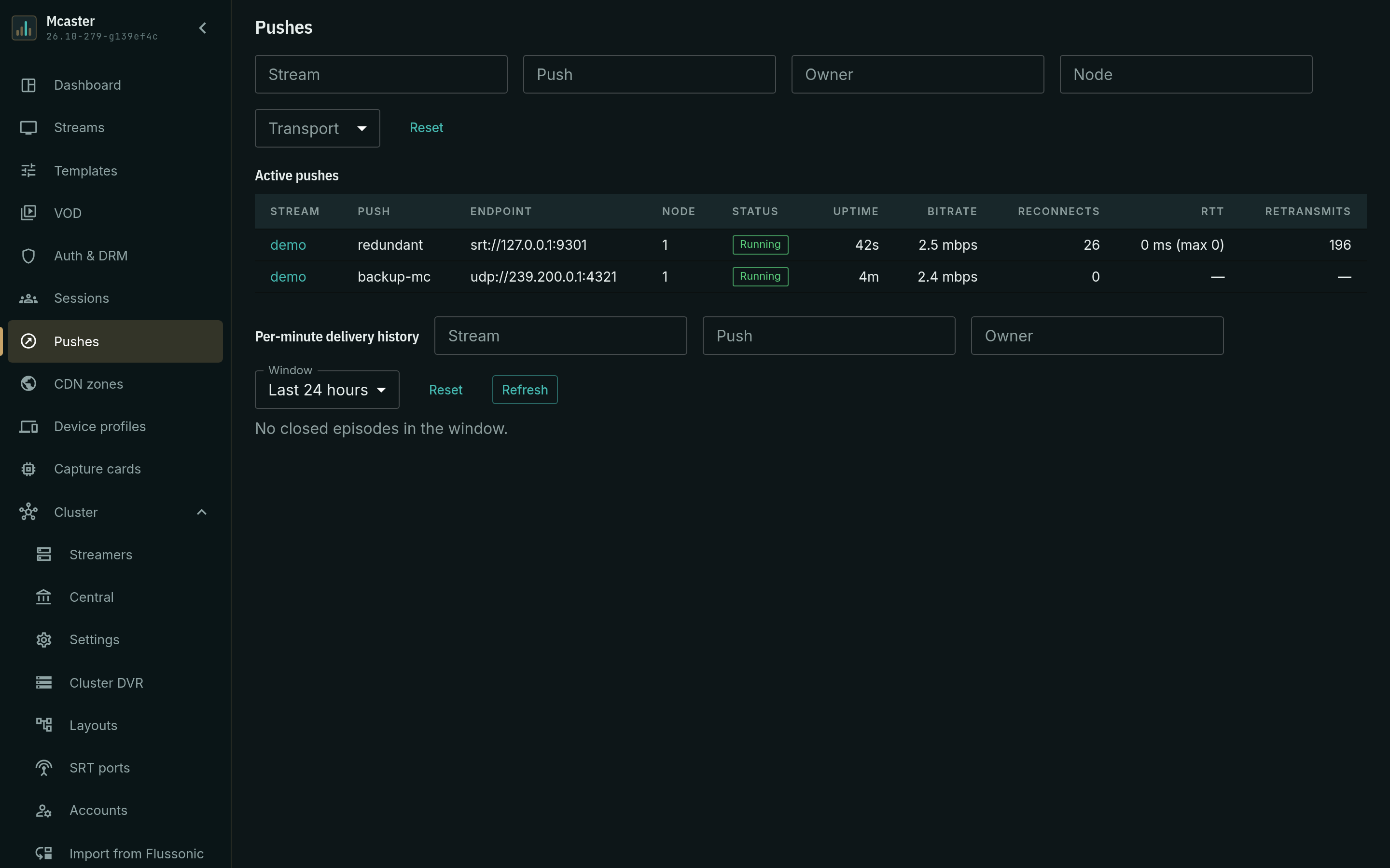 Active pushes on the Pushes page