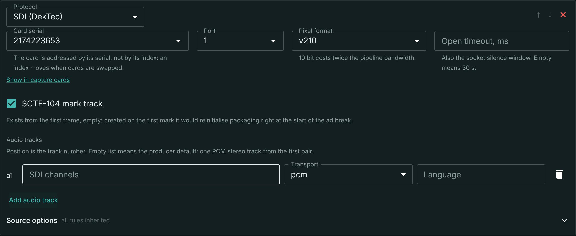 The SDI input section on the stream page