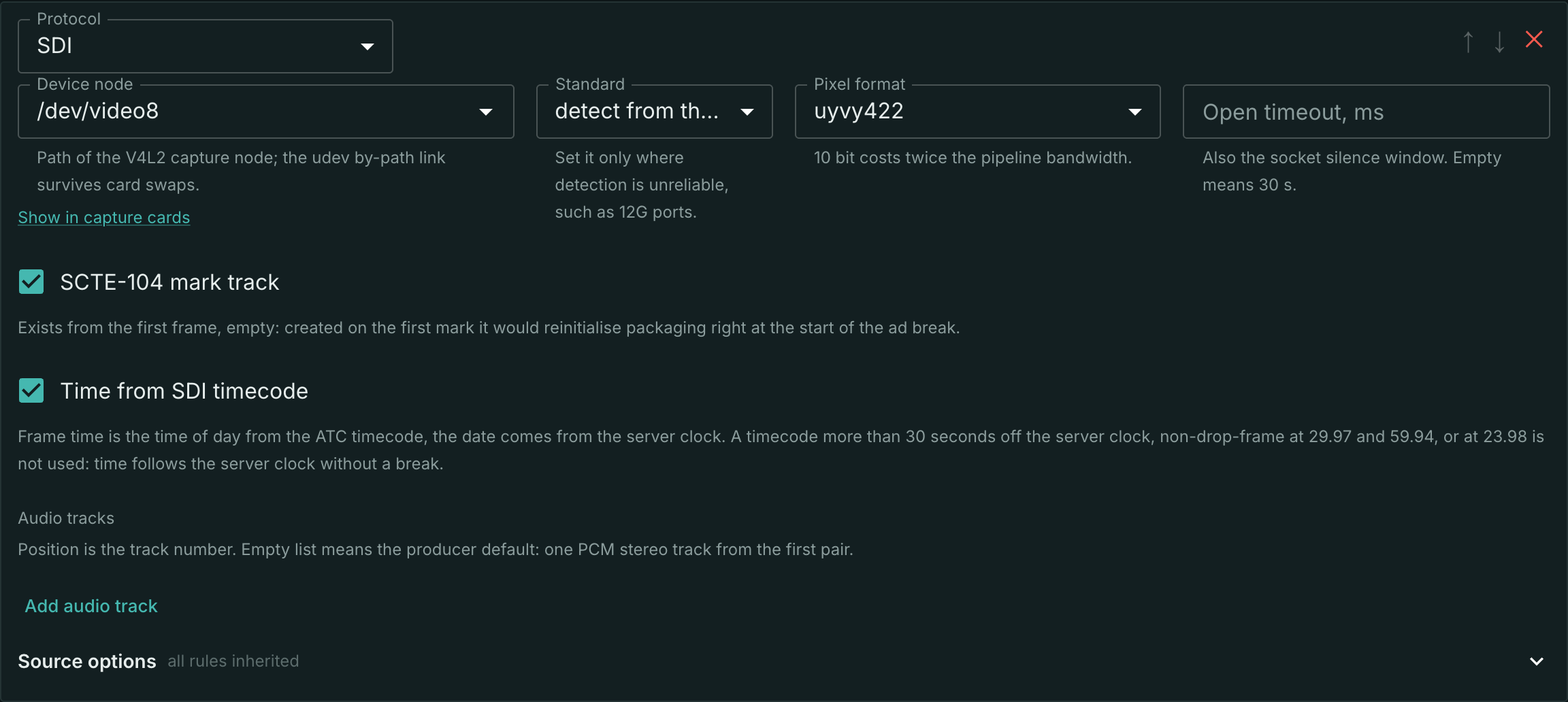 Timecode checkbox in the SDI input section