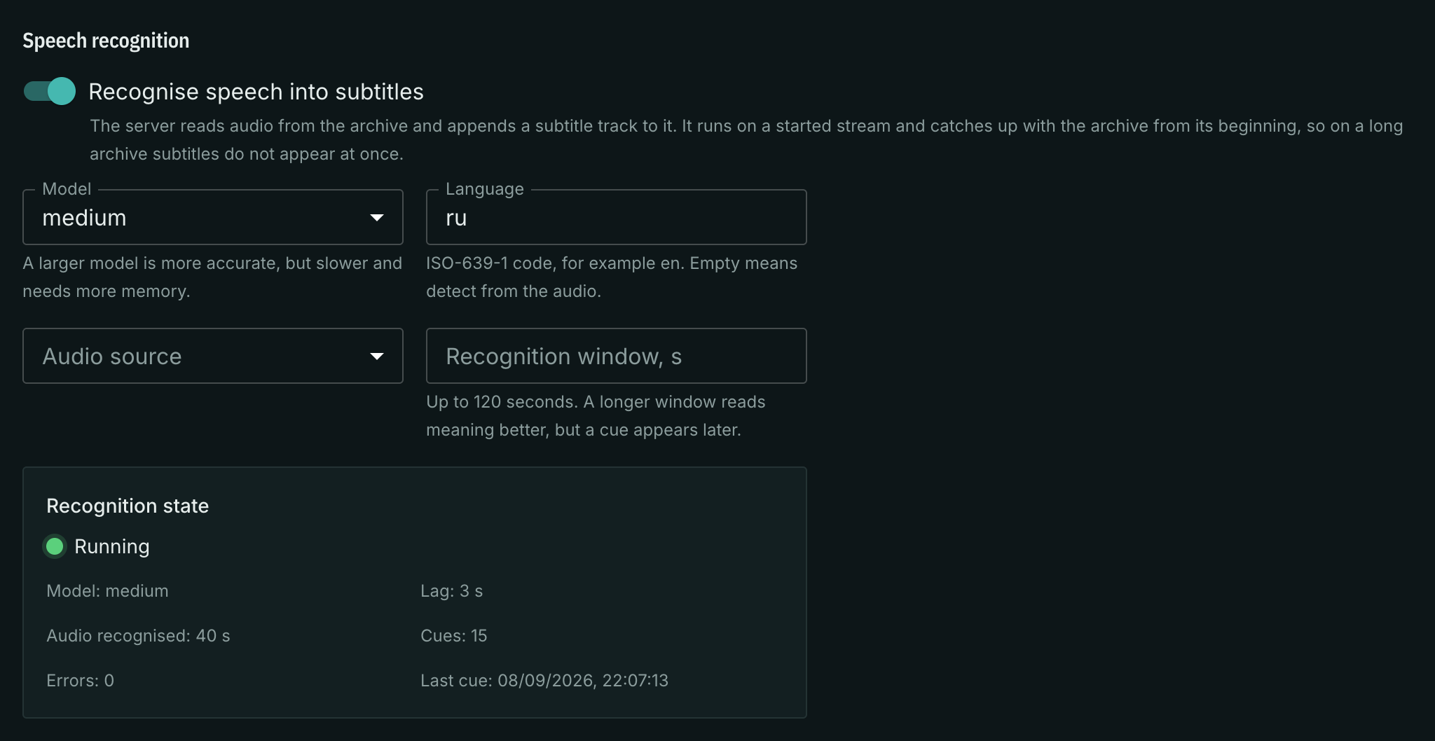 The speech recognition section on the processing tab