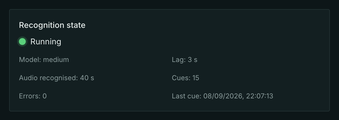 Recognition state: running, lag, audio recognised, cues