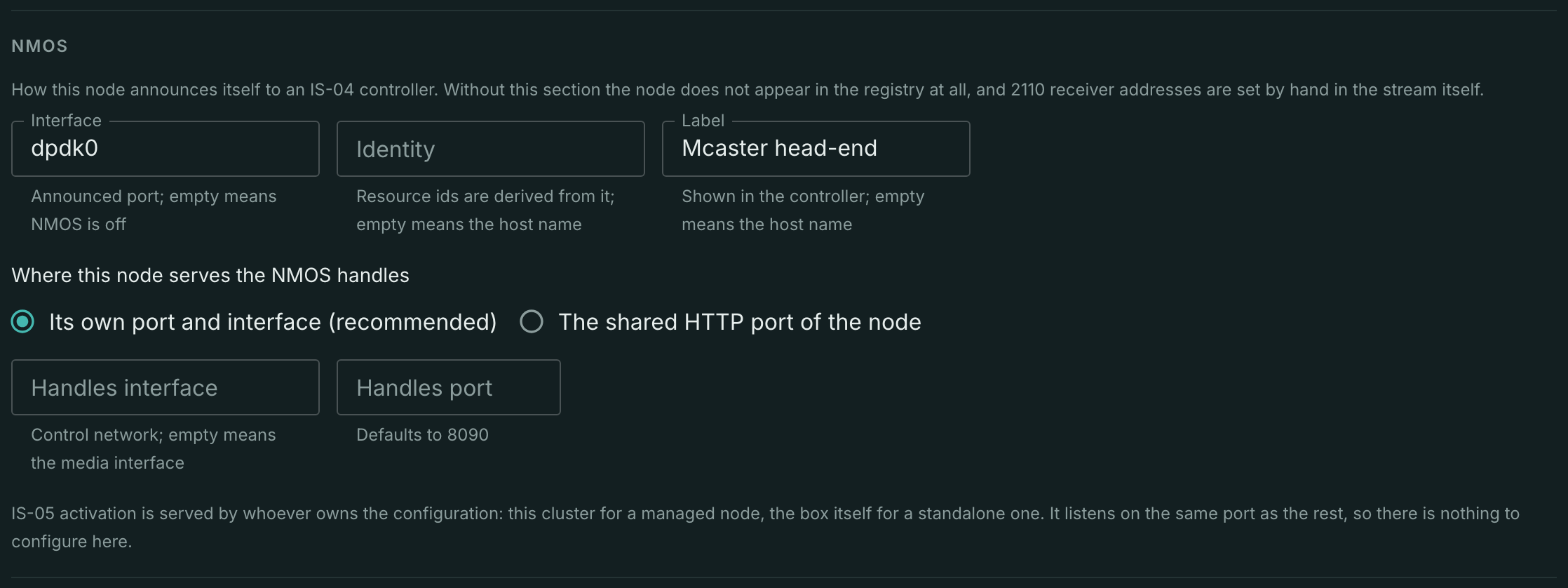The NMOS section in node settings