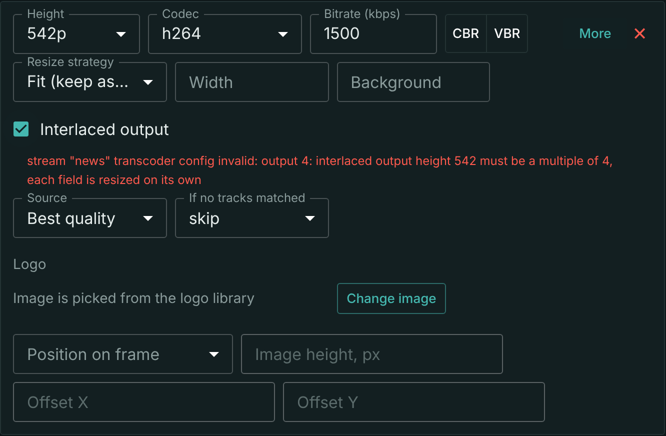 A 542p rung with Interlaced output checked and the rejection reason under it