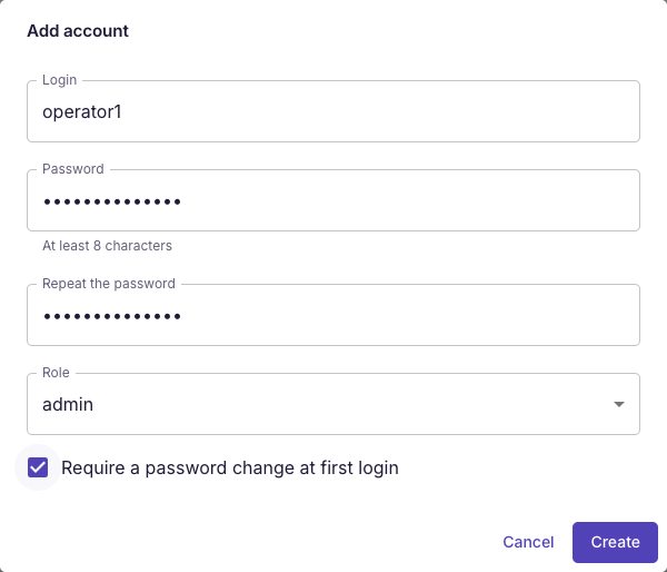 Creating an operator account with a temporary password