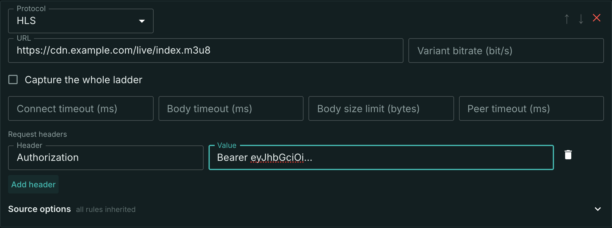 Request headers for the source