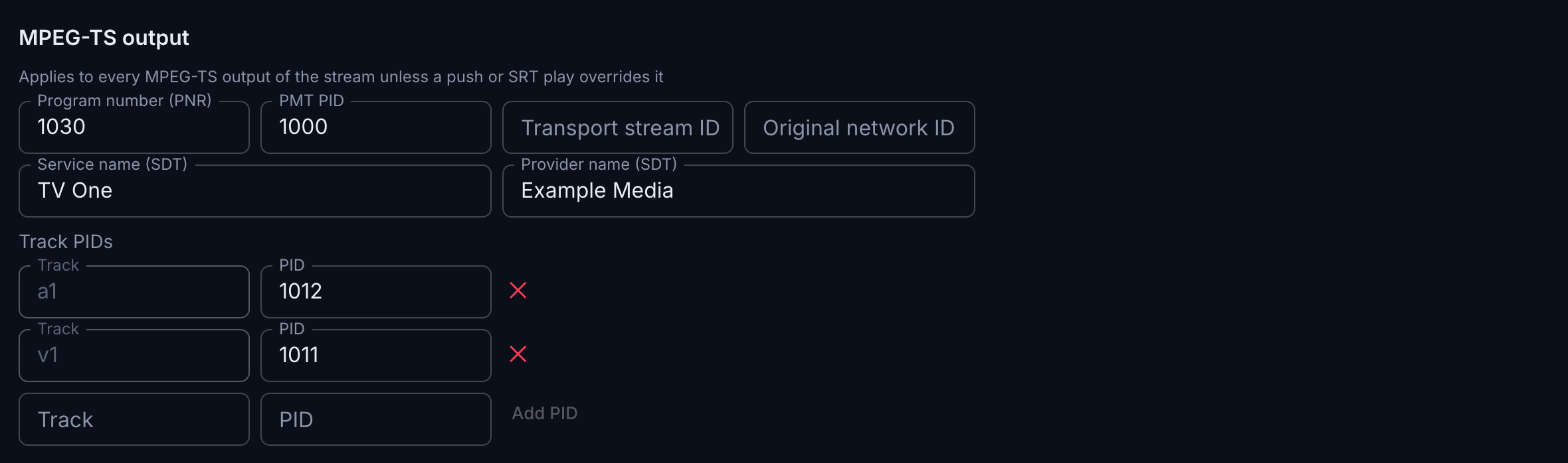 Stream-level MPEG-TS output section