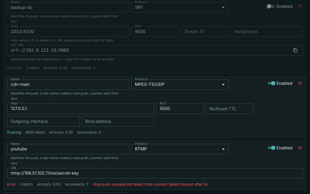 Live push statistics on the egress tab