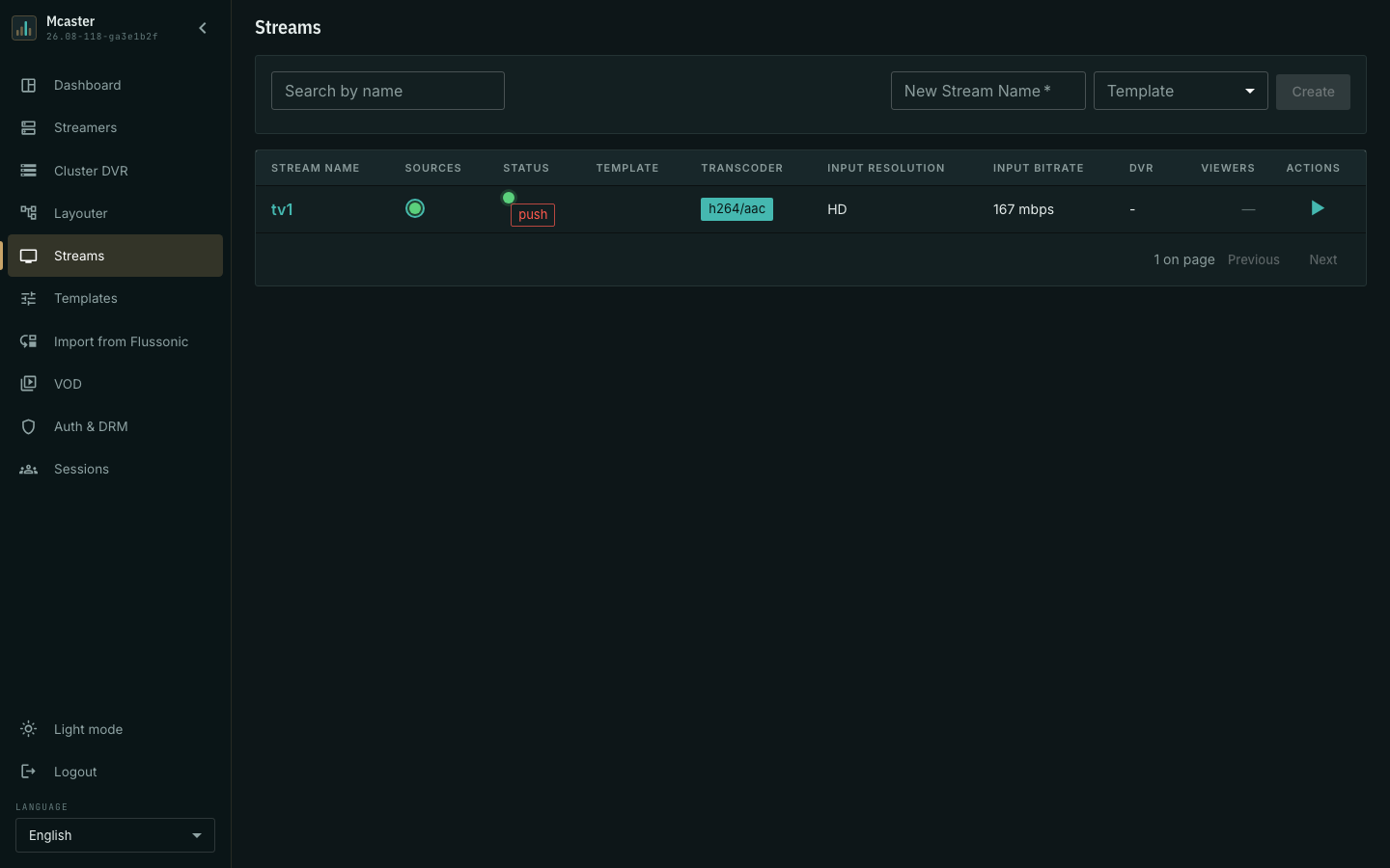 The failing-push mark in the stream list