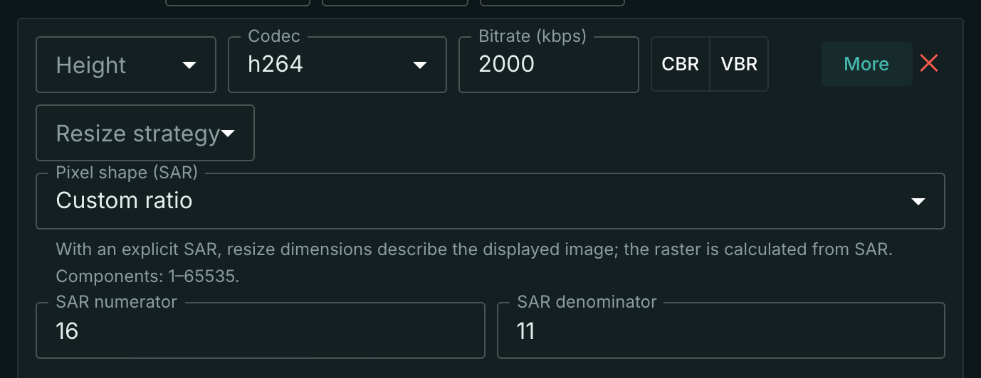 A real H.264 rendition: SAR 16:11, no resize; source 720×576, SAR 64:45, output 704×576, SAR 16:11.